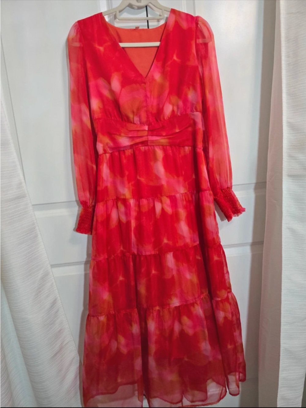 Vibrant Red Floral V-Neck Tiered Maxi Dress